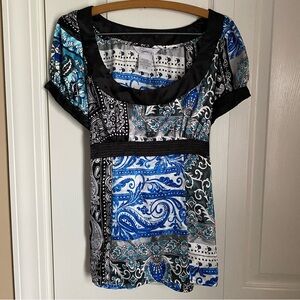 Speechless Babydoll Black Blue Paisley Tie Back Satin Puff Cap Sleeve Blouse XL